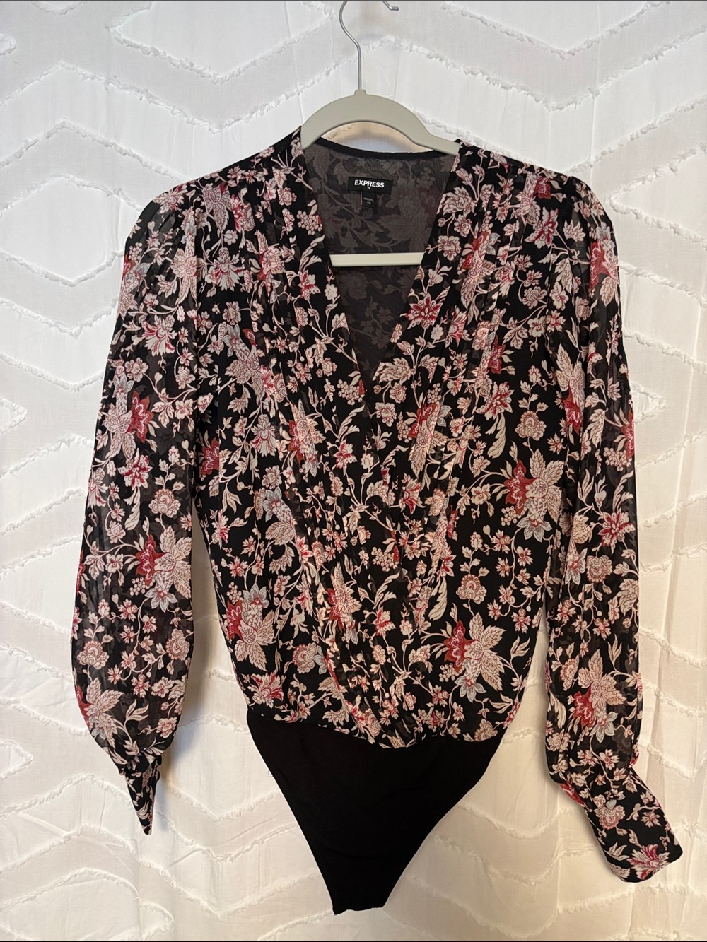Express Black Floral Wrap-Front Bodysuit with Pink and Red Flowers
